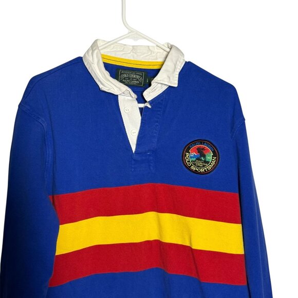 Ralph Lauren Polo Country Rugby Shirt L/S Blue Yellow Red Stripes Terrain Logo - Picture 2 of 7